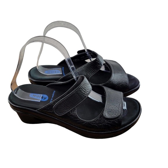 Wolky Shoes - Wolky Slide Sandals Womens Size 39 8 US Black Leather 2" Wedge Heel Adjustable